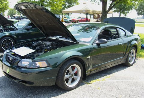 2007 Ford Mustang - A green 2004 Ford Mustang GT is displayed with its hood open, alongside another similar vehicle.