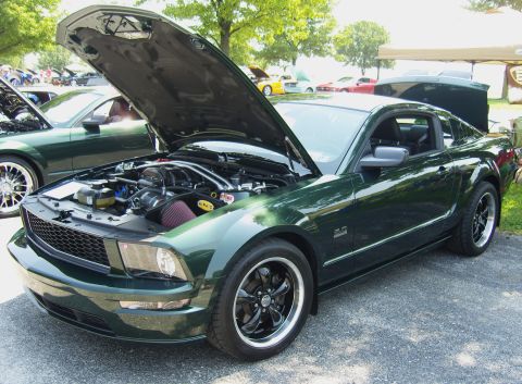2007 Ford Mustang - A dark green Ford Mustang coupe is displayed with its hood open, revealing the engine bay.