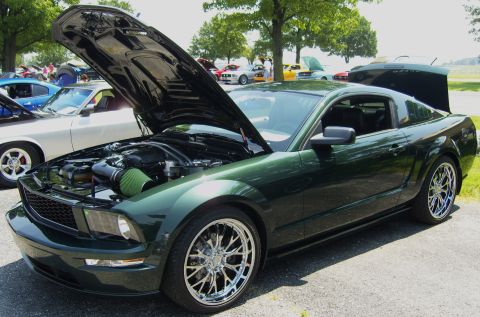 2007 Ford Mustang - A dark green Mustang is parked with its hood open, revealing the engine and custom rims. Other vehicles are visible in the background.