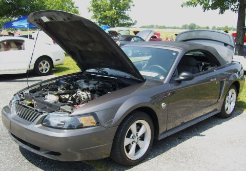 2007 Ford Mustang - A dark gray convertible with its hood open, revealing the engine bay. Other vehicles are visible in the background at an outdoor event.