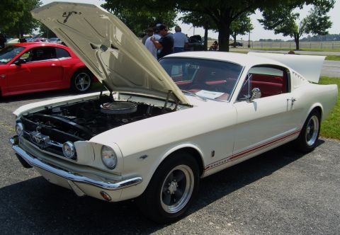 2007 Ford Mustang - Classic white Ford Mustang with hood and trunk open, parked next to a red Mustang.