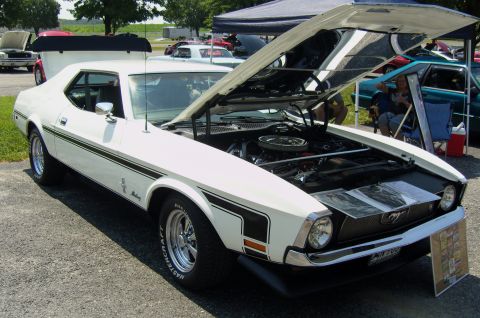 2007 Ford Mustang - White 1971 Ford Mustang with hood open at a car show.