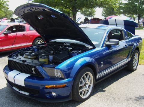2007 Ford Mustang - A blue 2007 Ford Mustang GT500 is displayed with its hood open, parked next to a red Mustang at an outdoor event.