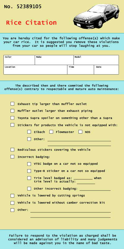2002 Ford Taurus - A 'Rice Citation' document lists offenses related to car modifications and appearance.
