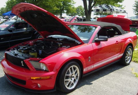 2007 Ford Mustang - Red 2007 Ford Mustang convertible at a car show, hood open to display the engine. GT 500 badging is visible.