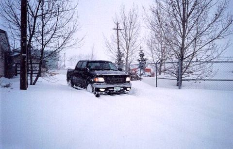 1979 Ford Bronco - A black pickup truck navigates a snow-covered road, with trees and buildings in the background.