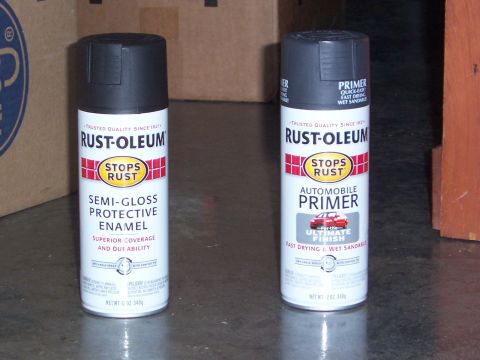 1992 Ford Bronco - Two cans of Rust-Oleum spray paint are shown, one for semi-gloss enamel and the other for automobile primer.