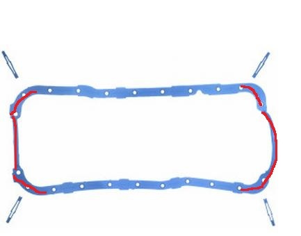 1992 Ford Bronco - A blue oil pan gasket is shown with a red sealant outline and four bolts.