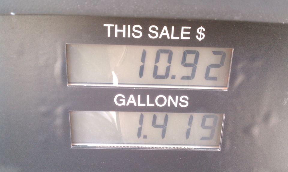 Gas pump shows $10.92 for 1.419 gallons