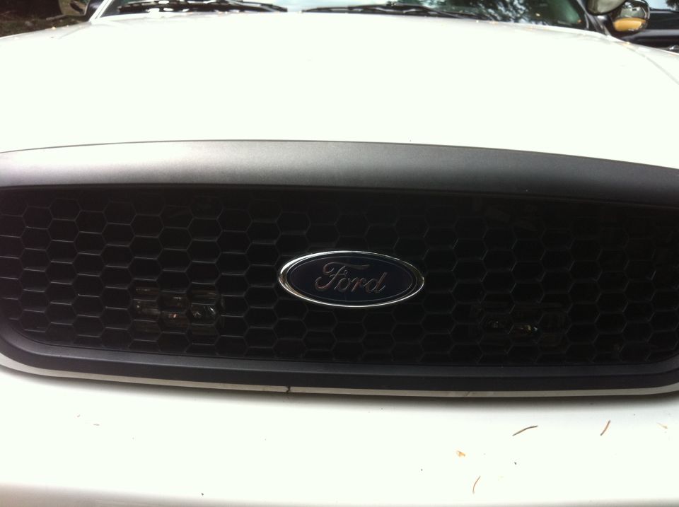 Close-up of a white Ford grille with blue Ford oval and 5.0 badge