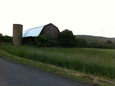 1999 Ford Crown Victoria - Rural landscape a barn, silo, and overgrown field under a hazy sky.