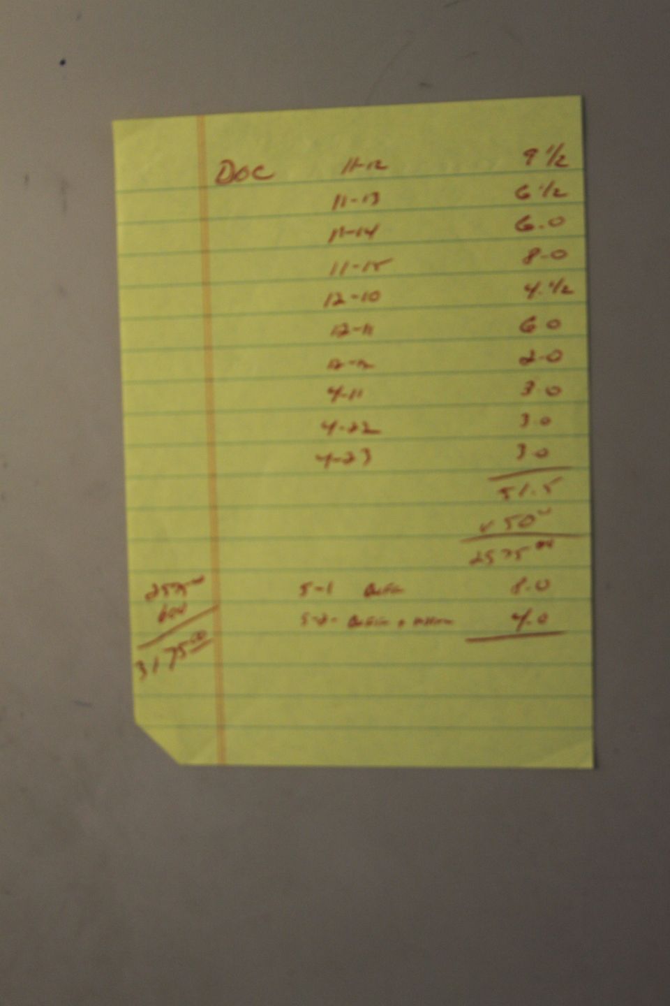 Yellow legal pad with handwritten notes and numbers, some crossed out