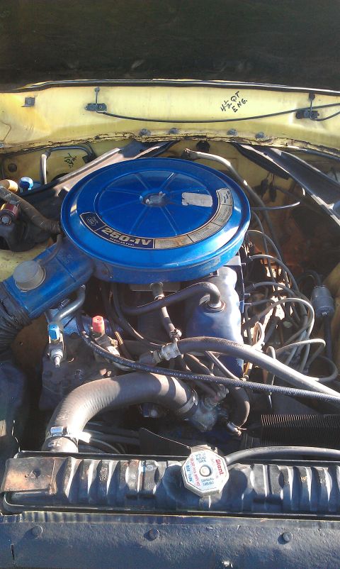 1965 Ford Mustang - Engine bay view showing the air cleaner assembly and engine components. Handwritten text indicates '4.2L DT ENG'.