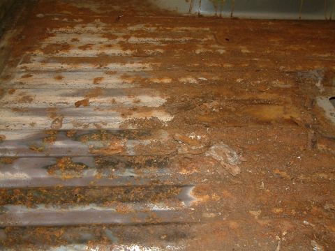 1983 Ford Bronco - Corroded floor pan showing extensive rust damage and structural degradation.