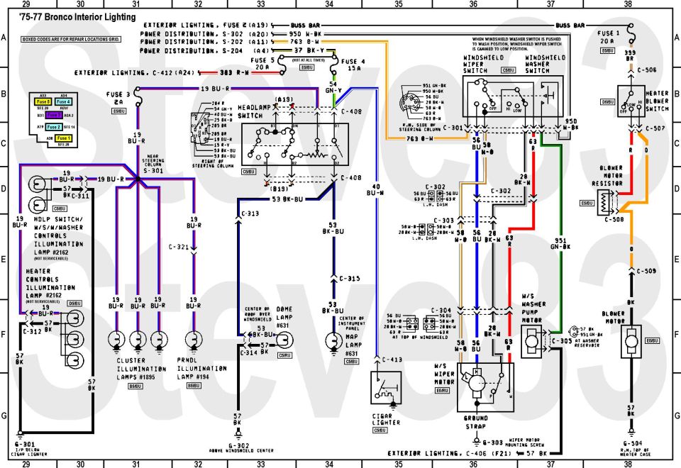 1975-77 Ford Bronco interior lighting wiring diagram with color-coded circuits