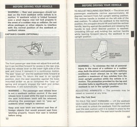 1996 Ford Bronco - This document details how to adjust and fold vehicle seats, including captain's chairs and rear flip fold seats.