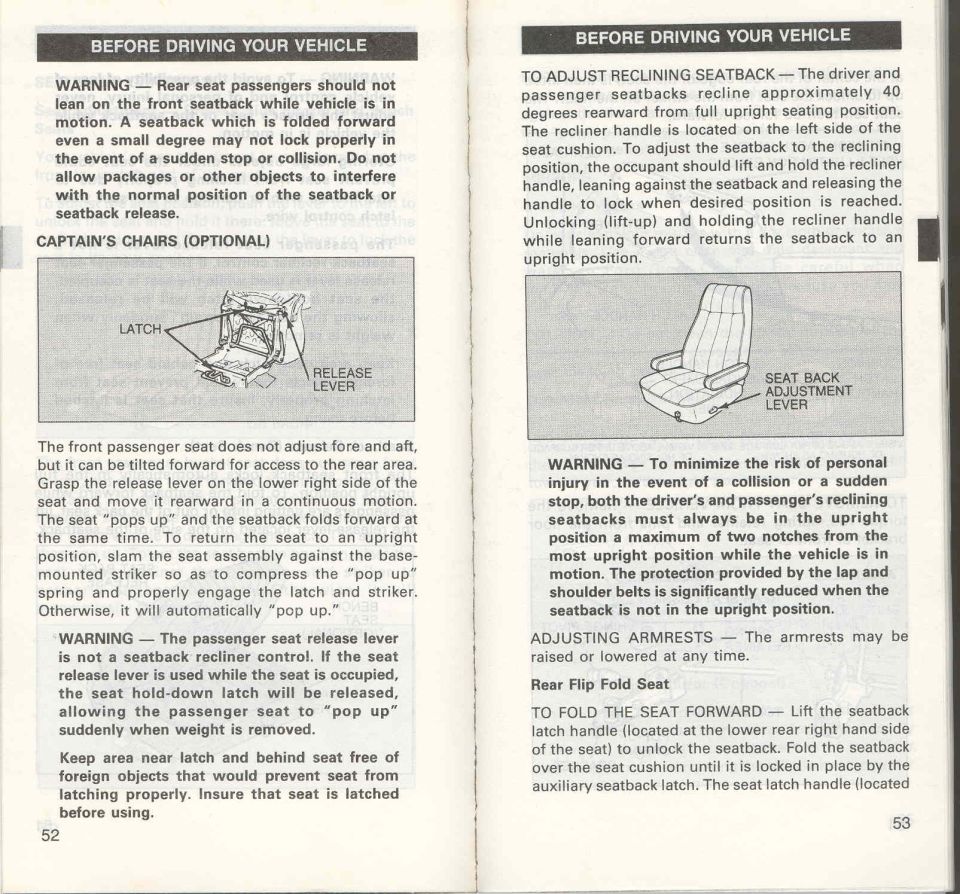 Owner's manual pages 52-53 on captain's chairs and reclining seatback with latch and lever callouts