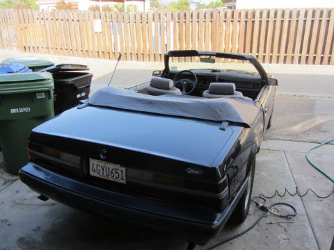 1985 Ford Mustang - Rear view of a black 1985 Ford Mustang convertible parked outdoors.
