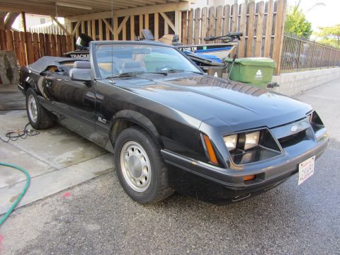 1985 Ford Mustang - A black 1985 Ford Mustang convertible is parked in a driveway, showing its 5.0 fender badge.