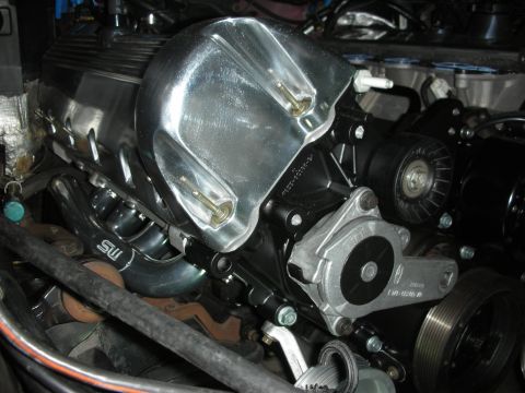 1992 Ford Crown Victoria - Close-up view of aftermarket engine components, including polished valve covers and intake manifold.