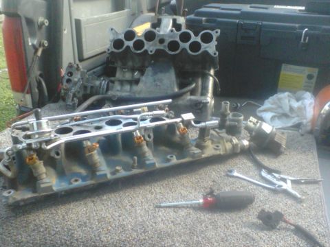 1988 Ford Bronco - Engine intake manifold with fuel injectors and associated parts laid out on a surface, with tools nearby.