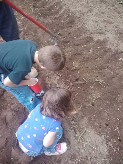 1989 Ford Bronco - Two children are focused on digging in a garden, one using a hoe to turn the soil.
