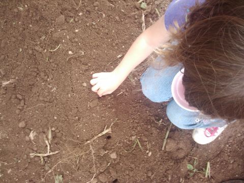 1989 Ford Bronco - A child digs in the dirt with their hand, holding a pink cup.