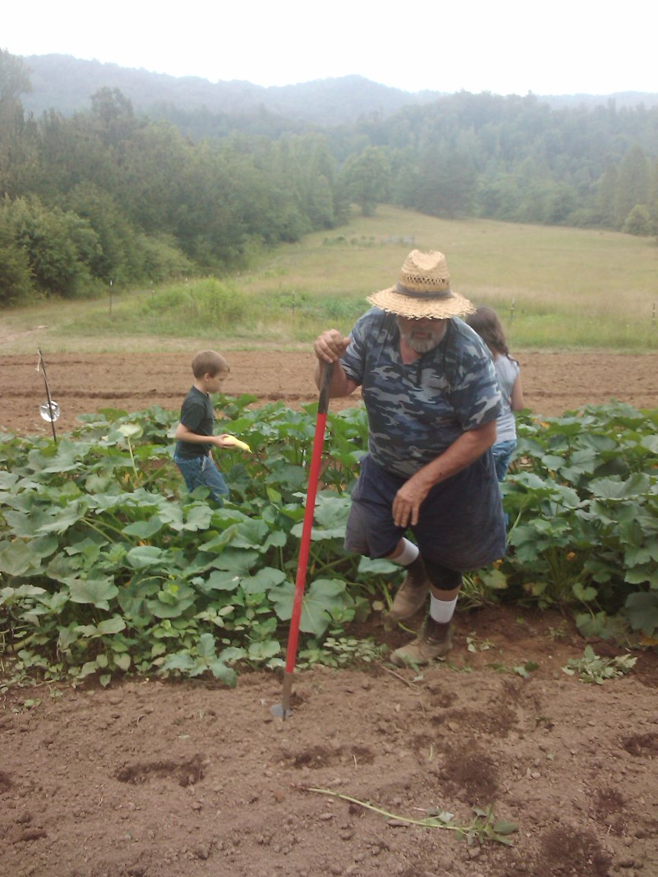 Man with straw hat and shovel in garden with kid picking squash. Hills in background
