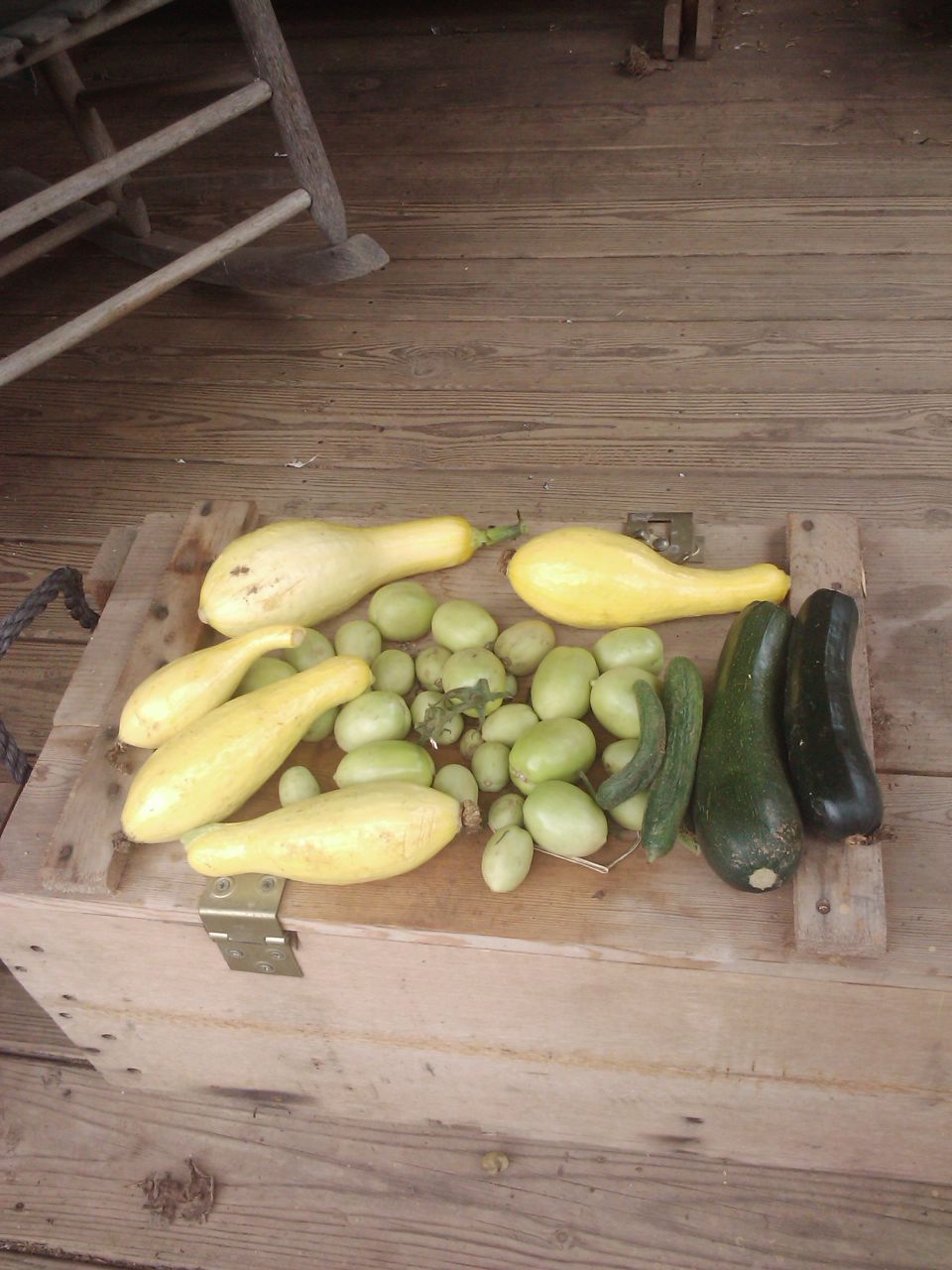 Yellow squash, tomatoes, and zucchini on a wooden crate