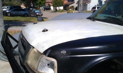 1992 Ford Ranger - Front view of a vehicle's hood, hood pins and a brush guard, with a two-tone paint scheme.