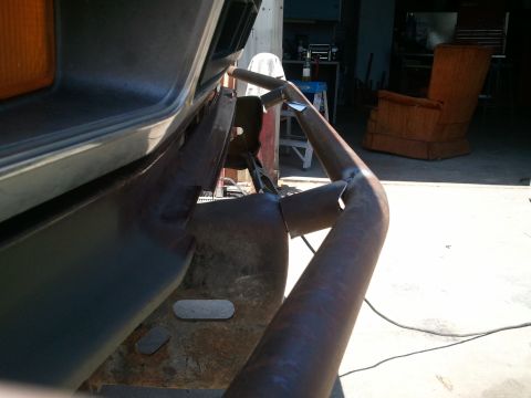 1982 Ford Bronco - Custom steel tubing bumper fabrication in progress, attached to a vehicle's frame.