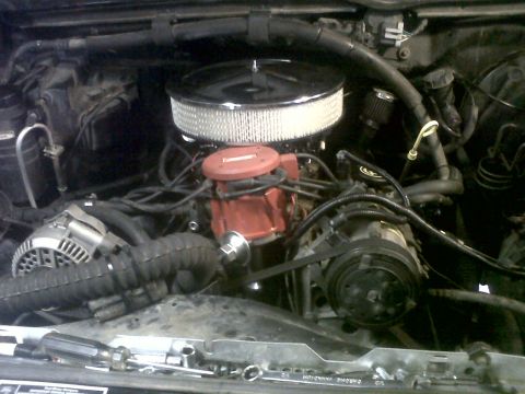 1994 Ford F-150 - The engine compartment of a 1994 Ford F-150, a prominent chrome air filter and various engine components.