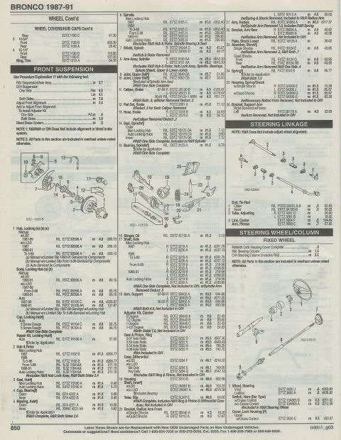 1996 Ford Bronco - wheels, front suspension, steering linkage/column, CONT'D, PAGE 850