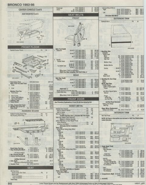 1996 Ford Bronco - front floor pan, seat belt, interior & exterior door trim, cab step, page 842