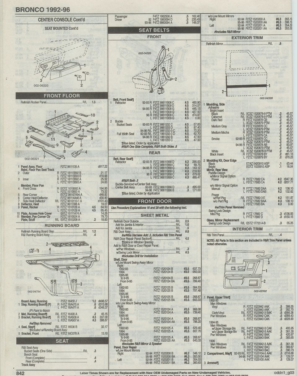 front floor pan, seat belt, interior & exterior door trim, cab step, page 842
