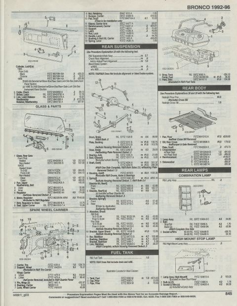 1996 Ford Bronco - fuel tank, rear suspension, 8.8, floor pan, glass, tire carrier, rear lamps, high mtd. stop lamp, page 845