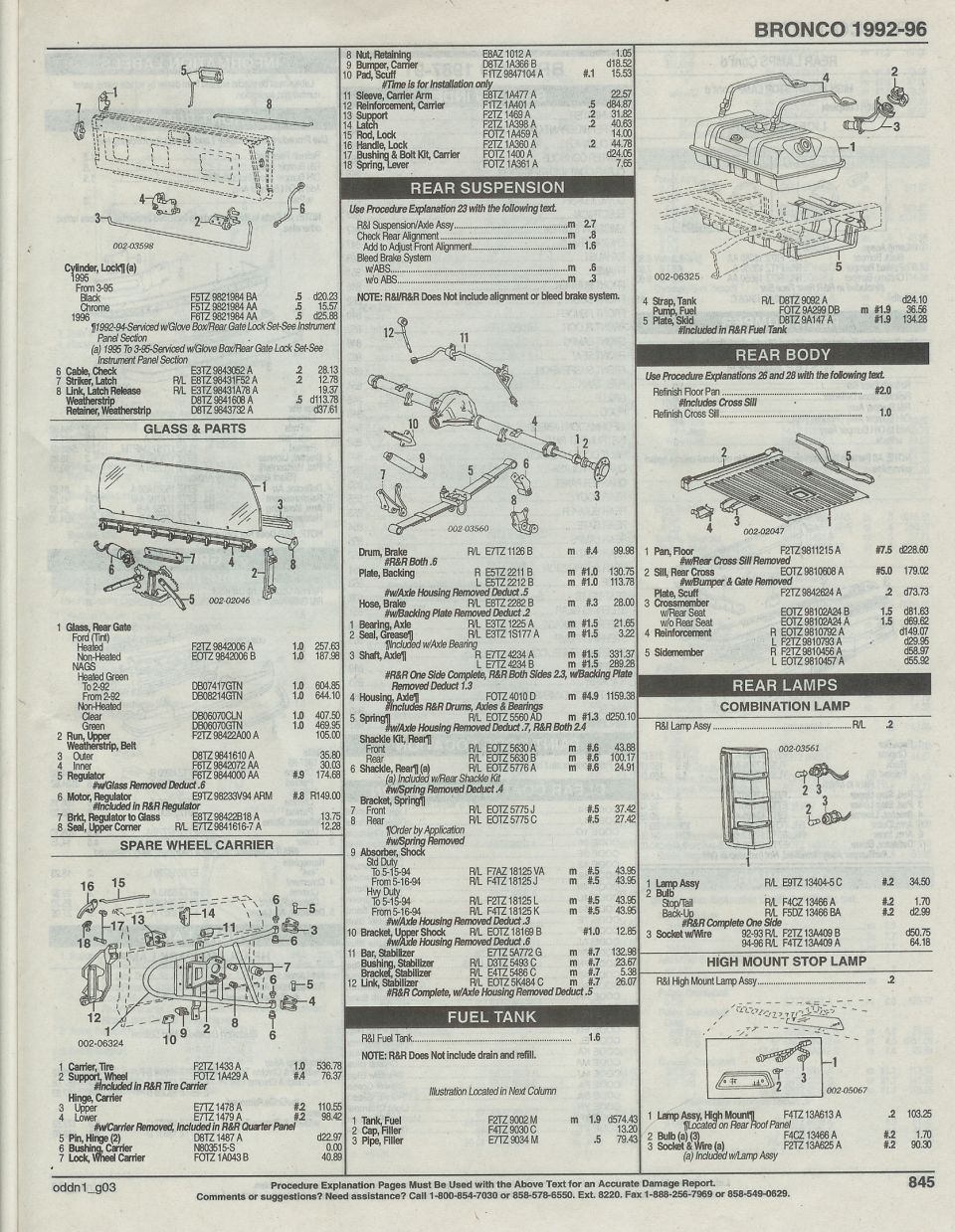 fuel tank, rear suspension, 8.8, floor pan, glass, tire carrier, rear lamps, high mtd. stop lamp, page 845