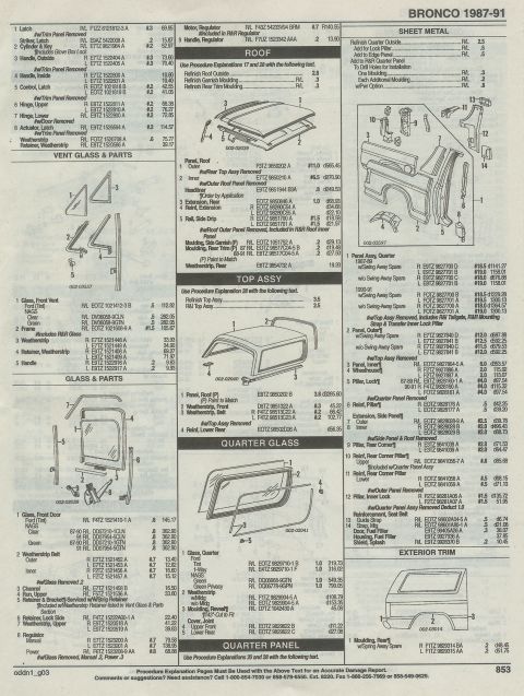 1996 Ford Bronco - glass, vent, cab roof, camper top, side quarter glass, quarter panel, CONT'D, PAGE 853