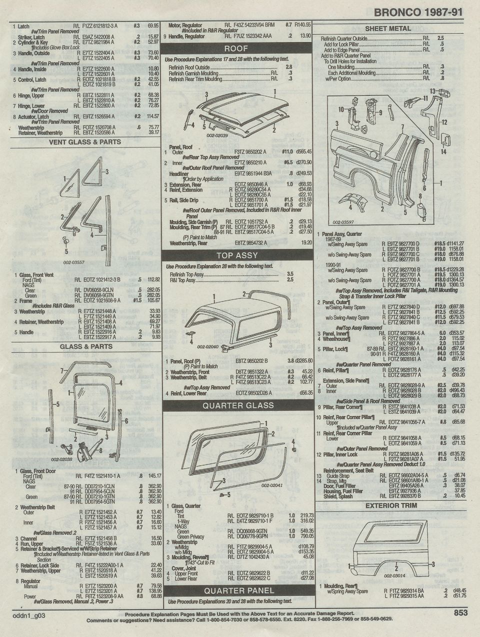 Ford Bronco 1987-91 sheet metal and glass parts catalog page