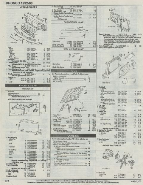 1996 Ford Bronco - grille, front lamps, headlight, hood, engine cooling: radiator, fan, water pump, shroud, page 834