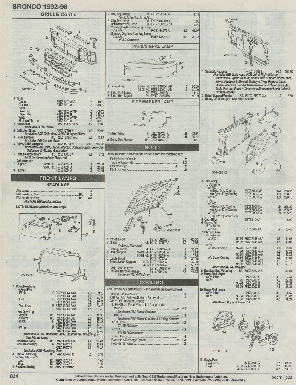 grille, front lamps, headlight, hood, engine cooling: radiator, fan, water pump, shroud, page 834