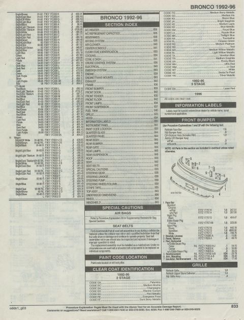1996 Ford Bronco - INDEX, paint codes, front bumper, PAGE 833