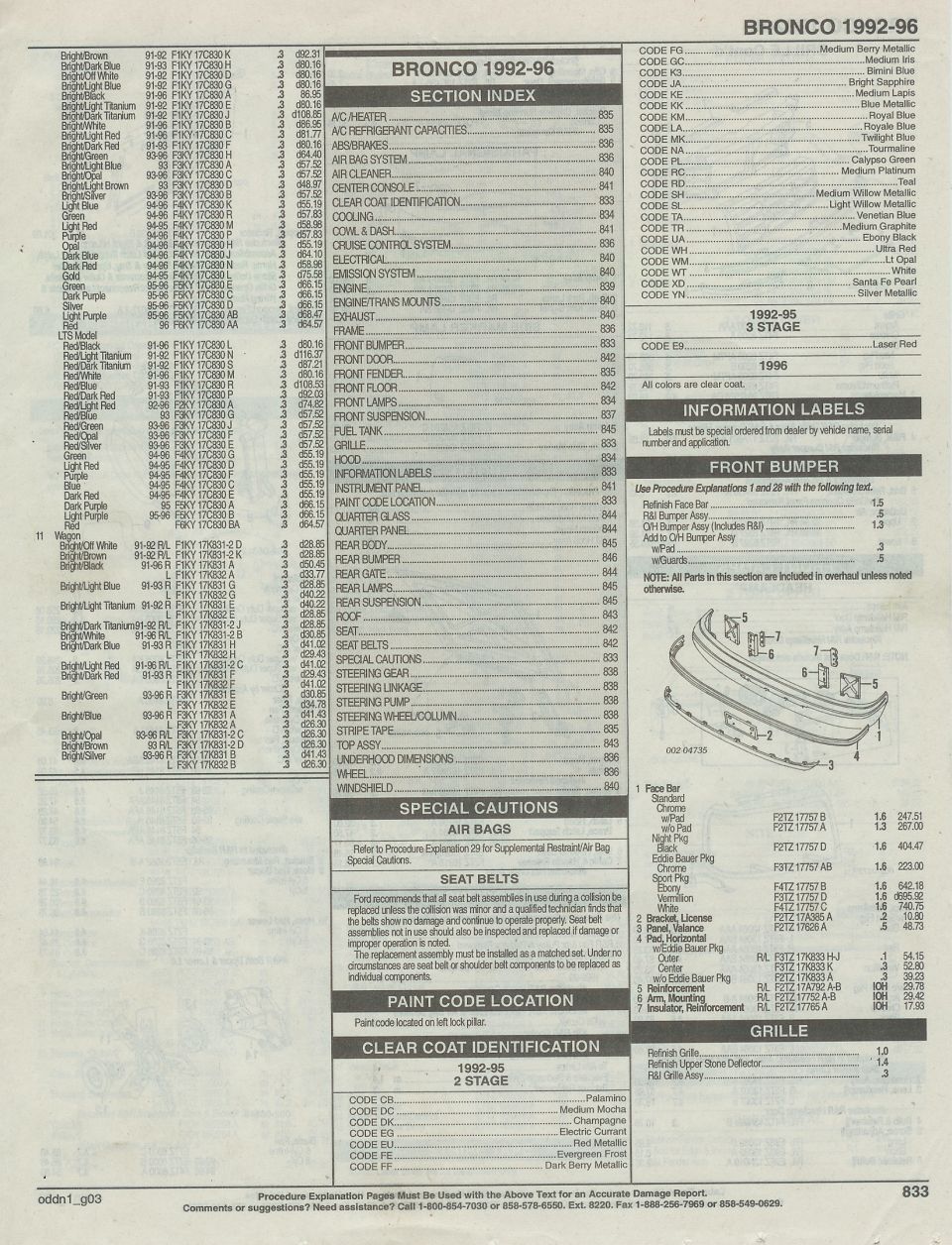 Ford Bronco 1992-96 paint code and parts reference catalog page