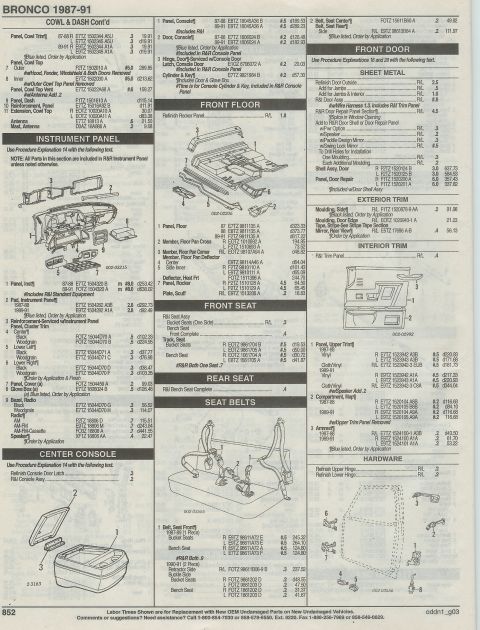 1996 Ford Bronco - instr panel, ctr console, front floor pan, interior door trim, seats belts, CONT'D, PAGE 852
