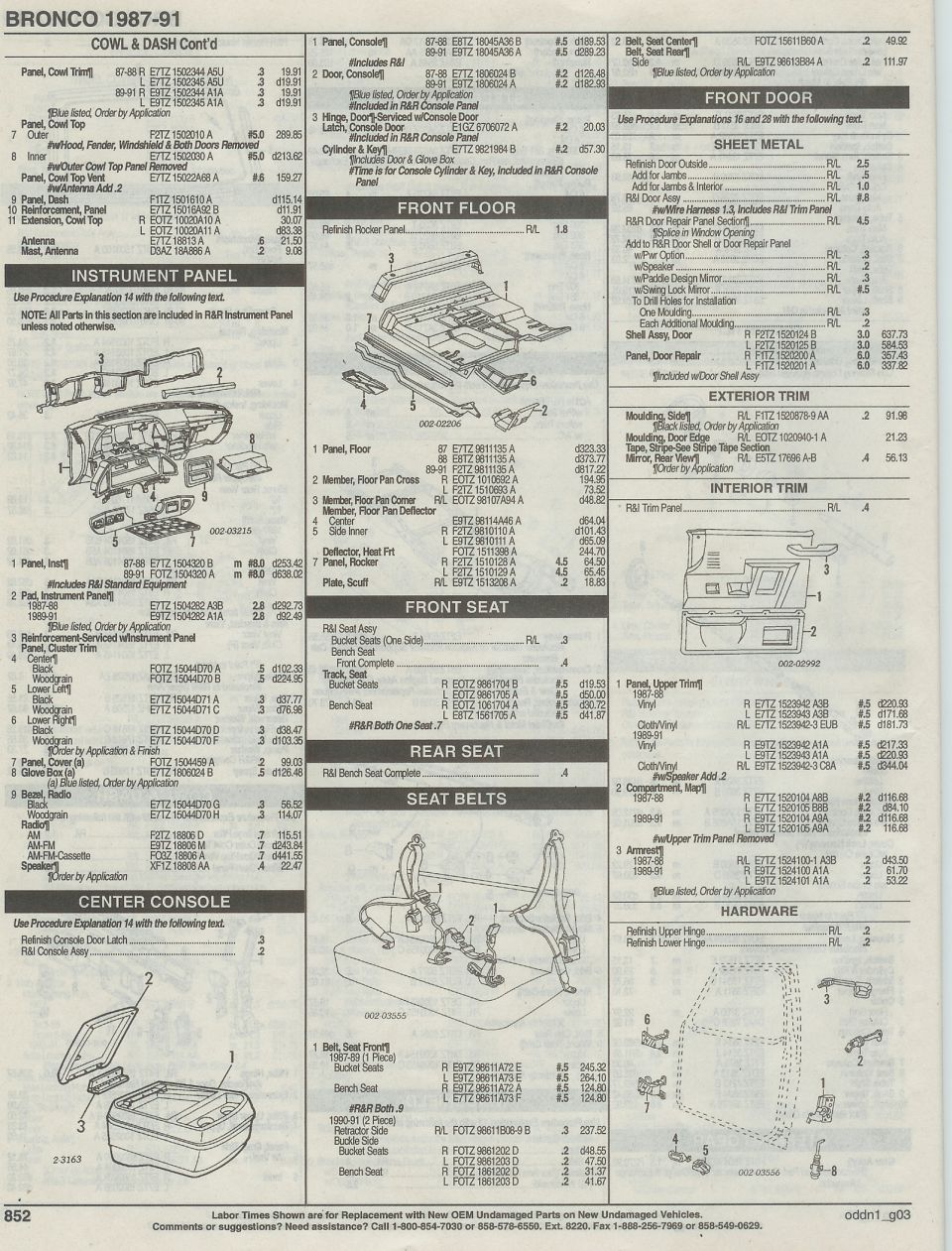 instr panel, ctr console, front floor pan, interior door trim, seats belts, CONT'D, PAGE 852