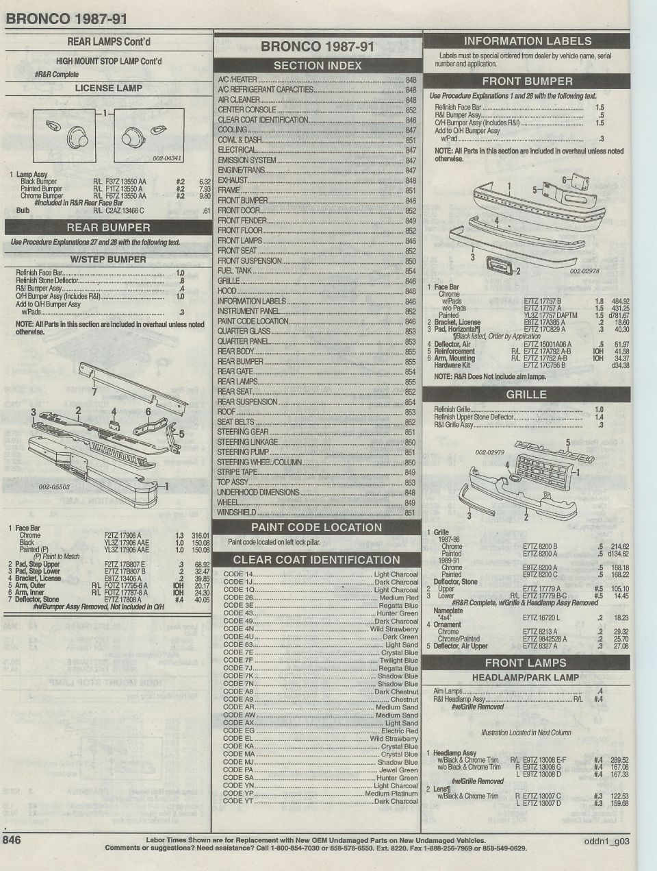 license lamp, bumpers, grille, CONT'D, PAGE, 846