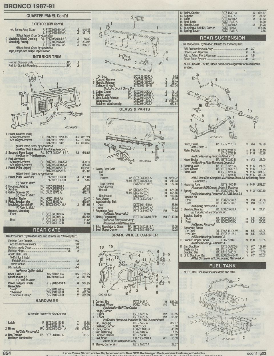 1987-1991 Bronco body parts catalog page with labor times