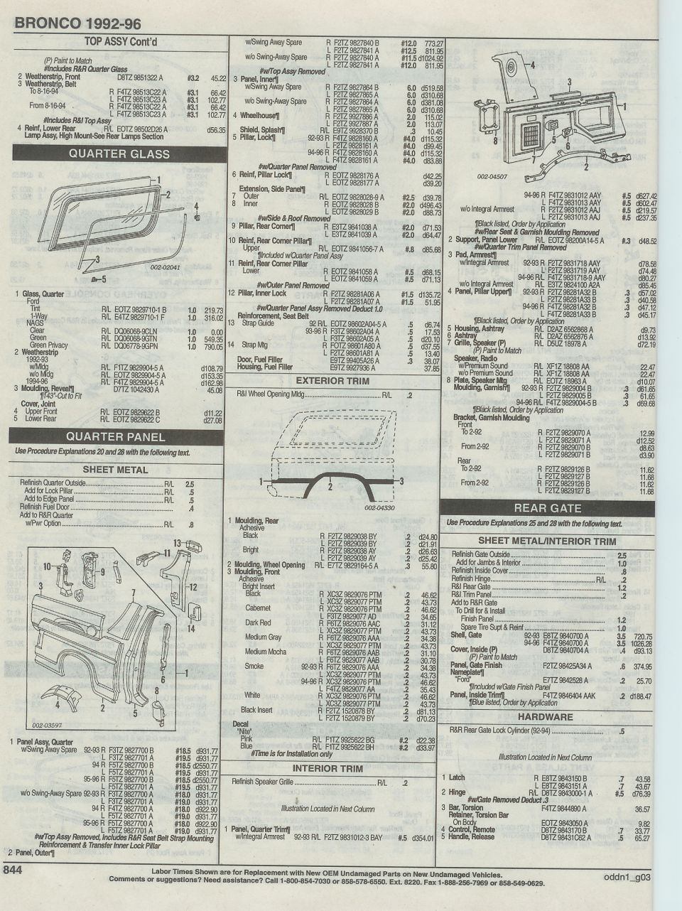Bronco 1992-96 body parts catalog page listing quarter glass, panel, and rear gate parts