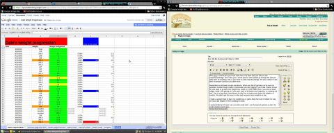 1979 Ford F-150 - A split screen shows a weight progression spreadsheet next to a forum post discussing weight loss.