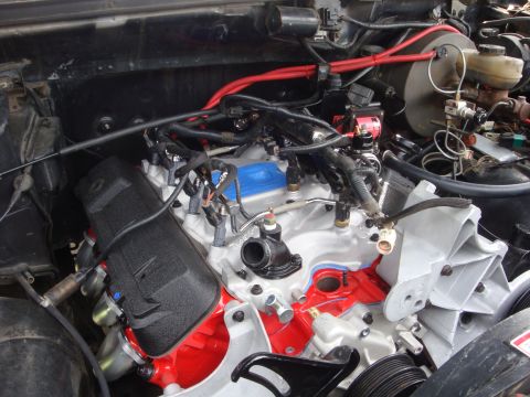 1989 Ford Bronco - Close-up view of a V8 engine in an engine bay, various components and wiring.
